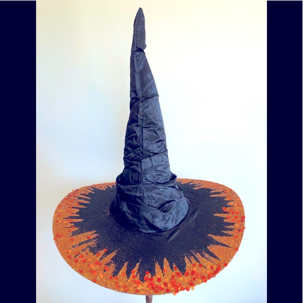 Witch hat multiple styling options in orange sparkle covered brim artisaâŚ